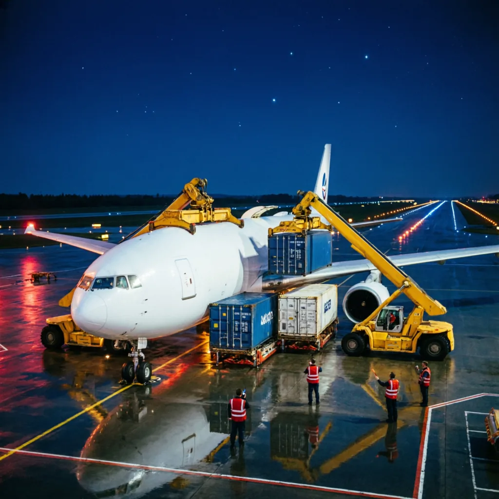 Cargo plane loading at night